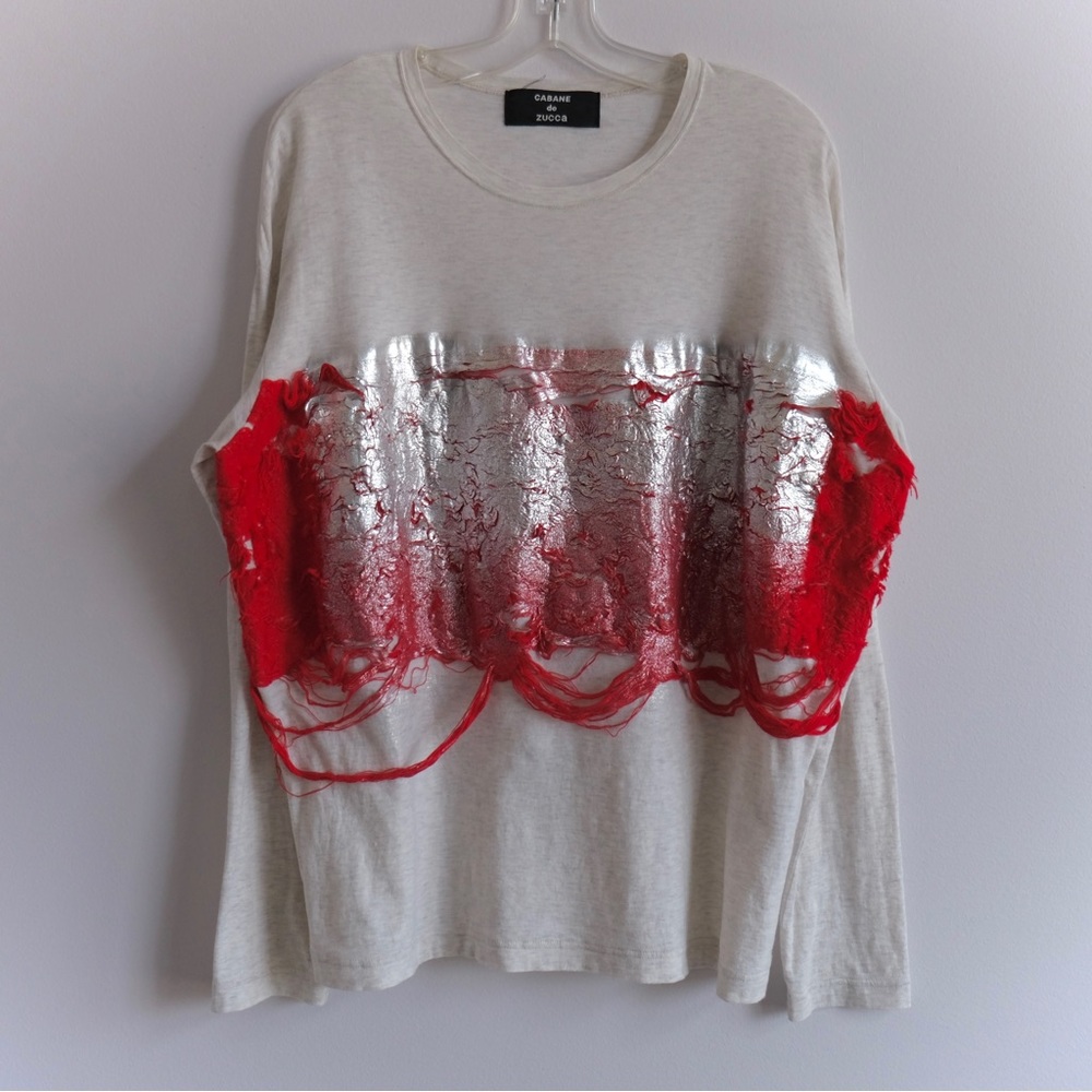Zucca distressed red silver painting effect long sleeve T shirt
